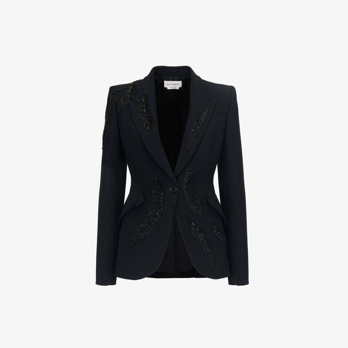 Alexander McQueen Women's Black Feather Embroidery Peak Shoulder Jacket - 12 (Viscose & Acetate)